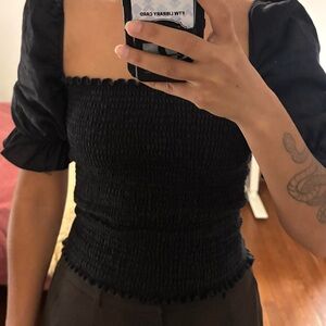 Reformation Black Smocked Puff Sleeve Top
